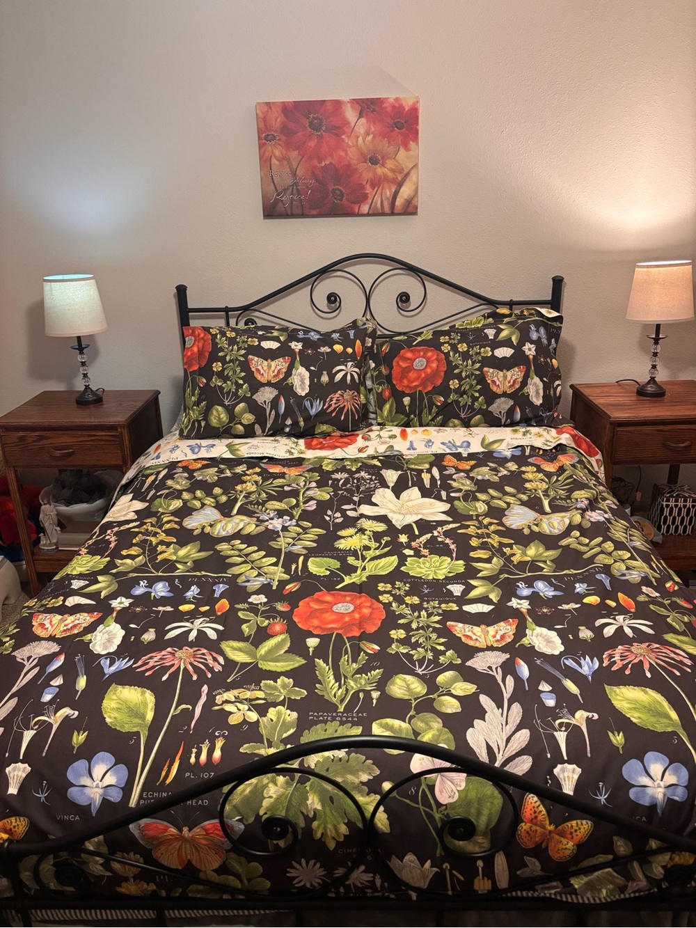 Pottery Barn Black Floral & Butterfly Duvet Cover with Red and Green Accents